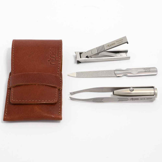 ネールケアセット ポケットネールクリッパー LED トゥイザーズ 爪ヤスリ 牛皮革ケース