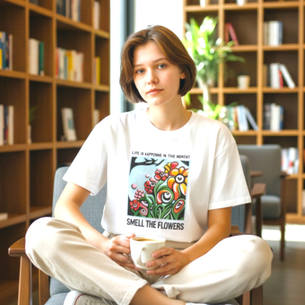 鎌T-Shirts アートT-Shirts/  Smell the flowers 花の匂い  Artist : Minasa   ハンドライティングアート　ベルリンアーティスト